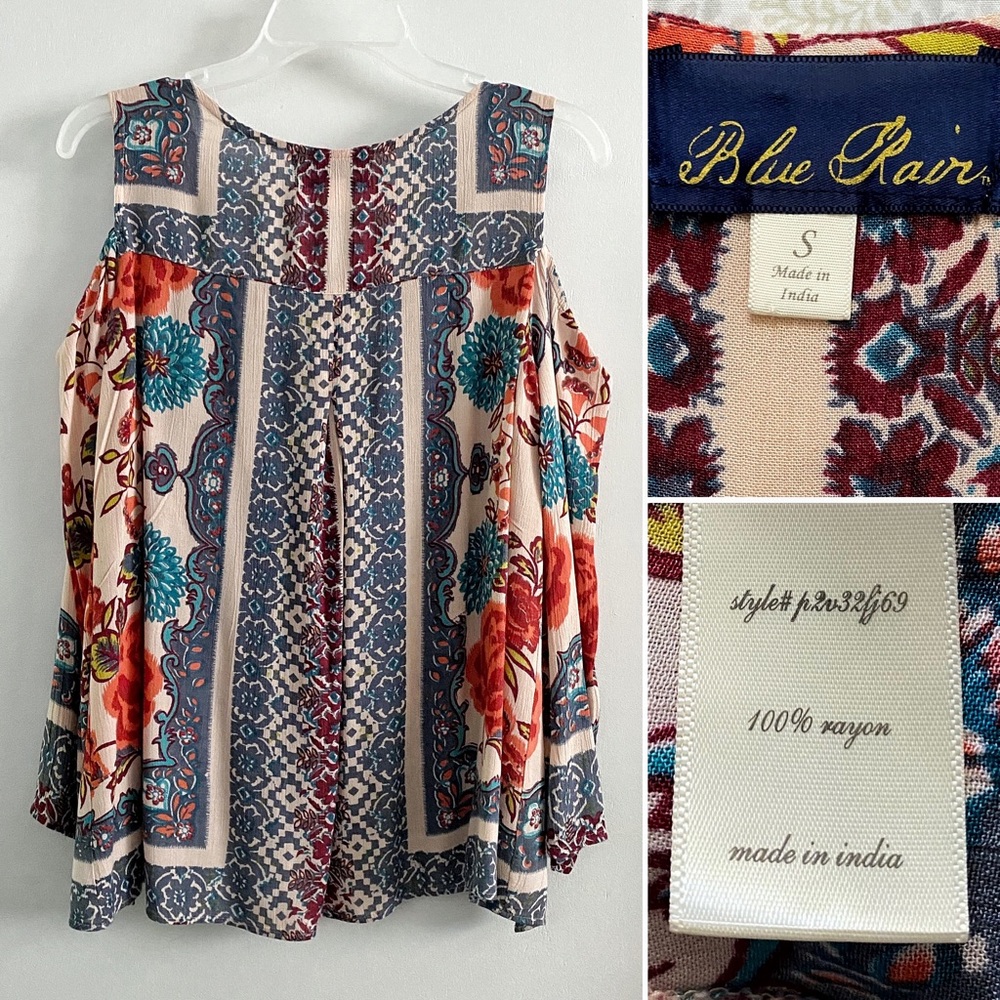 Blue Rain boho cold-shoulder vibrant floral bell sleeve top - Picture 3 of 7